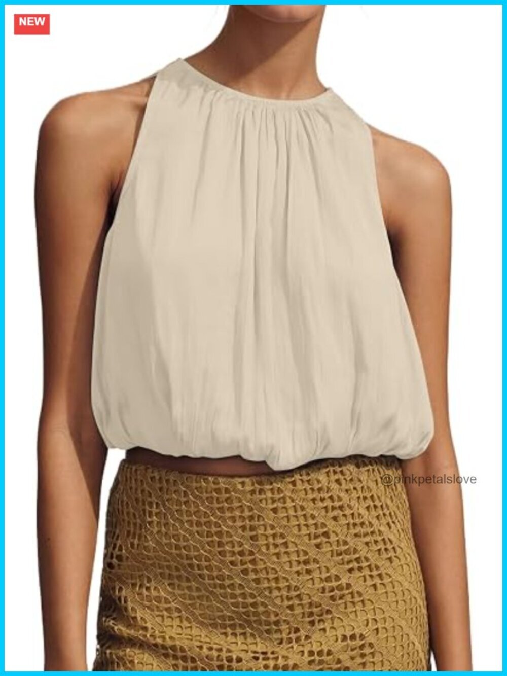Sleeveless Halter Crop Tank Top Puffy Hem Bubble Casual Dressy Going Out Blouse